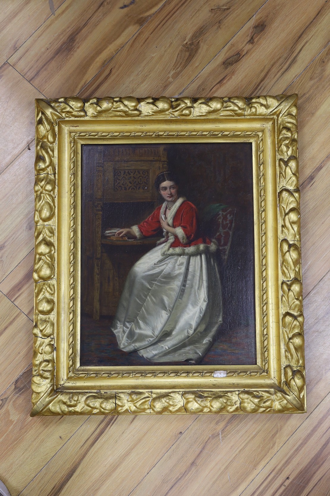 Joseph Moseley Barber (1811-1889), oil on canvas laid on board, Portrait of a lady seated at a writing desk, signed and dated 1868, 45 x 35cm